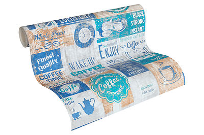 Papier Küchen Tapete Kaffe Coffee Cafe weiß grau blau türkis 33480-4 