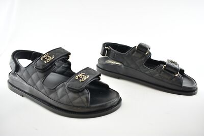 Pre-owned Chanel Rev Black Caviar Gold Cc Logo Mule Slide Strap Flat Teva Dad Sandal 39.5