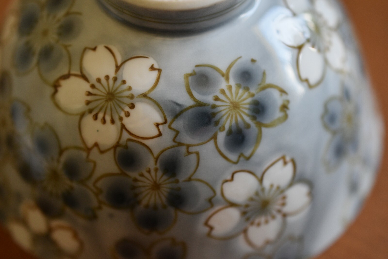 Vintage Japanese Rice Bowls Signed Set 4 Sakura Peach Spring Blossom Grey Blue