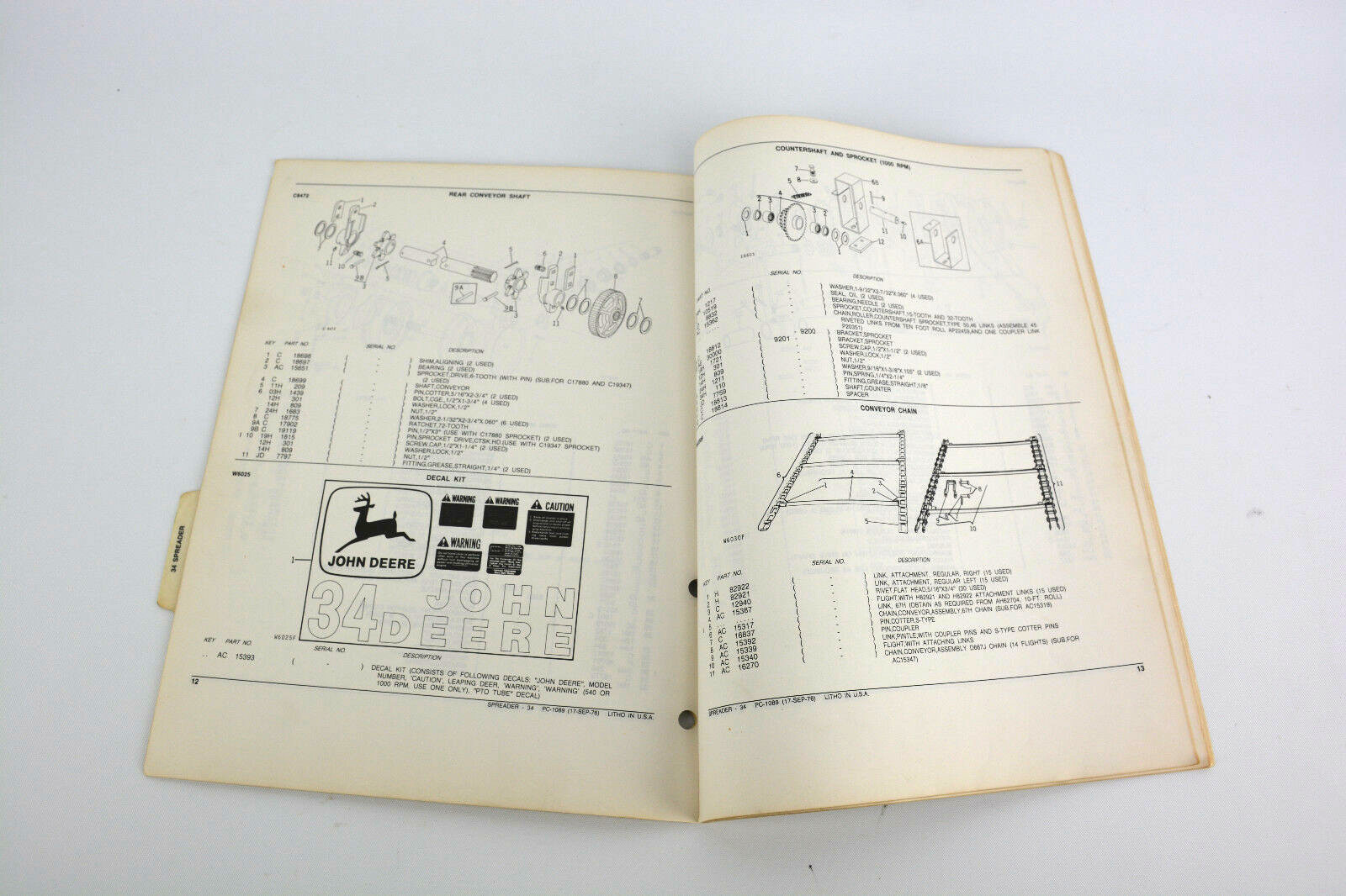 John Deere Model 34 Manure Spreader Parts Catalog Manual PC-1089