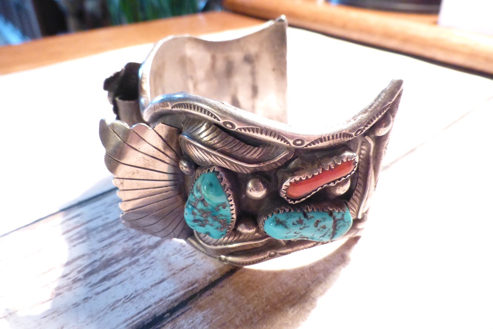 Navajo Watch Cuff by C. Lee, Sterling Silver, Turquoise & Coral