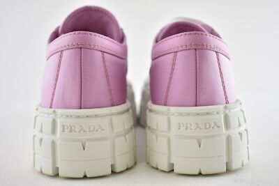 Pre-owned Prada Pink Nylon White Platform Lug Sole Lace Flat Low Top Trainer Sneaker 37.5