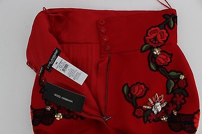 Pre-owned Dolce & Gabbana Shorts Red Silk Crystal Roses Hot Pants It40 / Us6 / S Rrp $3800