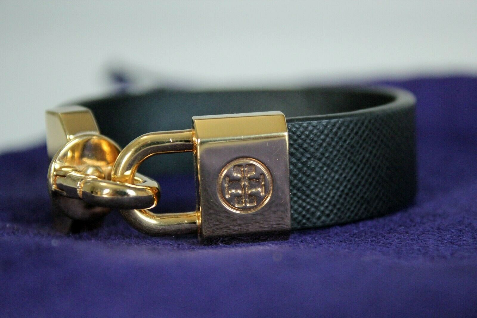 Authentic TORY BURCH Lock Closure Leather Bracelet in Black