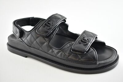 Pre-owned Chanel Black Leather Quilted Chain Cc Logo Mule Slide Strap Flat Dad Sandal 38.5