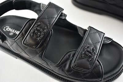 Pre-owned Chanel Black Leather Quilted Chain Cc Logo Mule Slide Strap Flat Dad Sandal 38.5