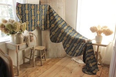 Antique 18th century valance Indigo blue French textile quilted bed hanging