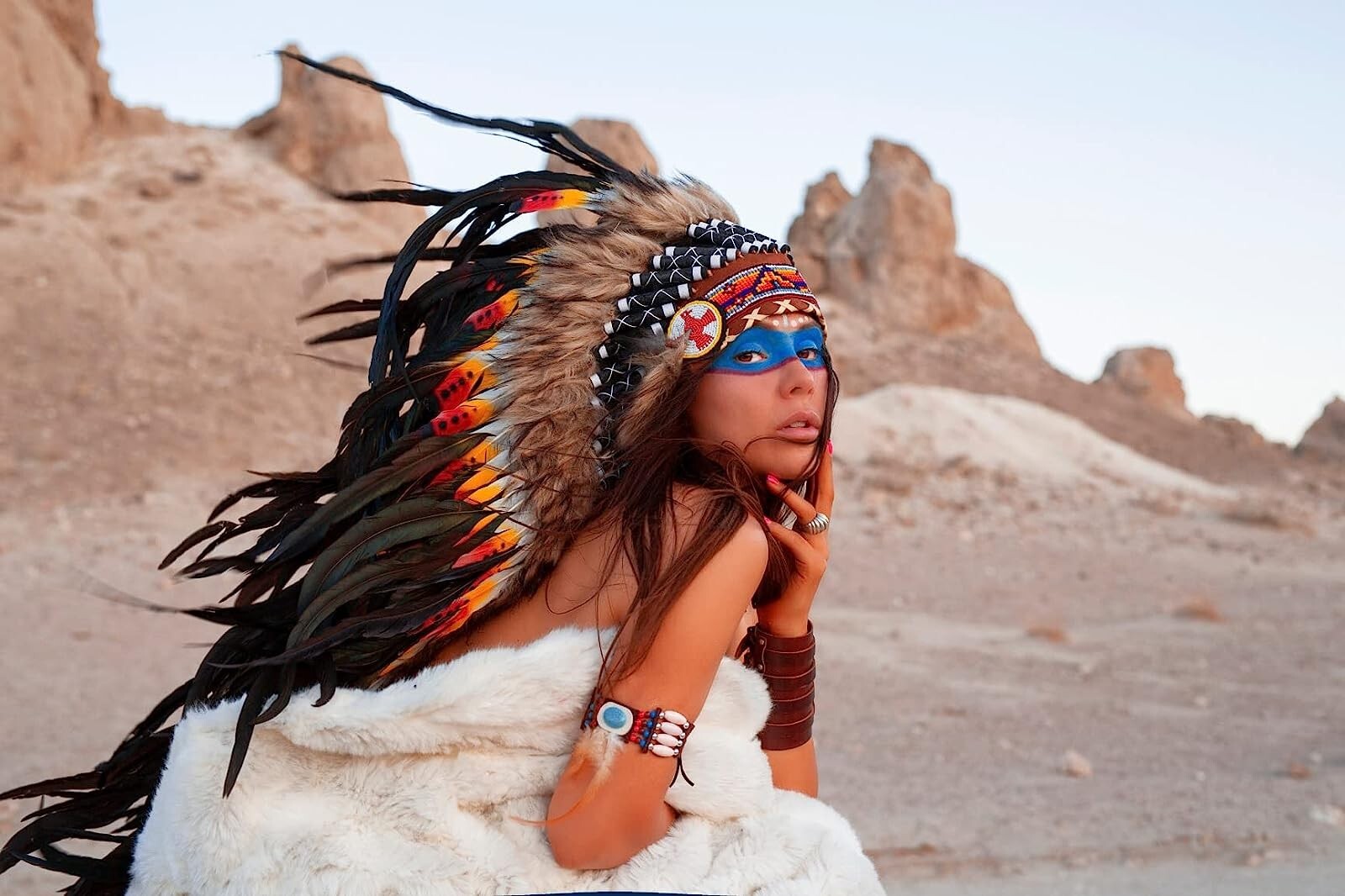 Pre-owned Handmade Native American Indian Inspired Feather Headdress Tribal Halloween Costume Props In Multi-color