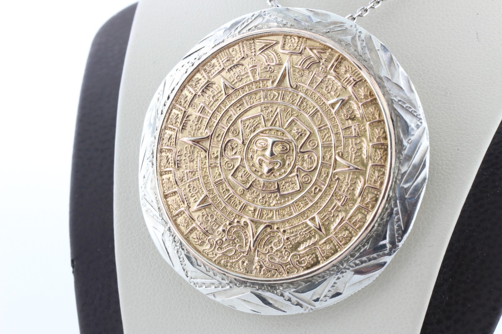 Hecho en Mexico Signed Sterling Silver & Brass Aztec Mayan Calendar Pendant Pin