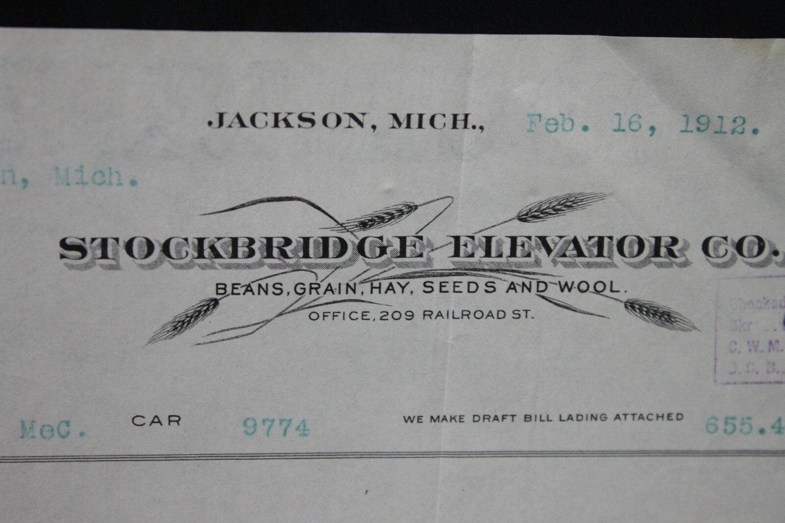 Vtg Jackson Michigan 1912 Invoice Paper Bill Stockbridge Elevator Co Beans Grain