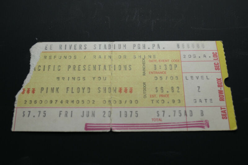 PINK FLOYD / Three Rivers Stadium / June 20, 1975  / Concert Ticket / Rare
