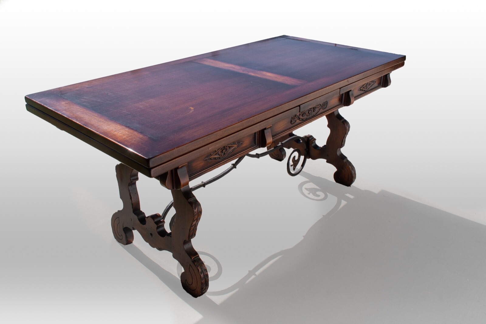 Vintage Spanish Trestle Table with Built-in Leaves