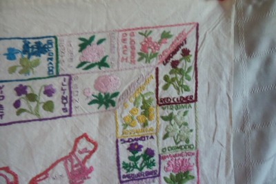 Vintage Cross Stitch Sampler Map of USA With State Flowers as Border Framed