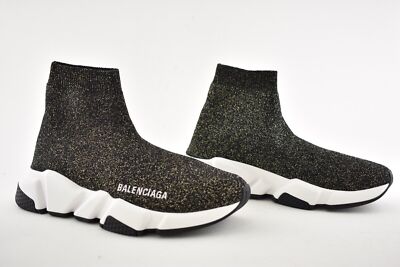Pre-owned Balenciaga Women Speed Sock Trainer White Black Gold Lurex Runner Sneakers 34