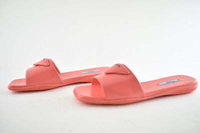 Pre-owned Prada Corallo Red Rubber Leather Triangle Logo Slide Sandal Flip Flop Flat 39