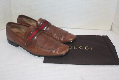Vintage GUCCI 189995 Brown Leather Signature Web Penny Loafers Shoes 7.5 UK=8 US