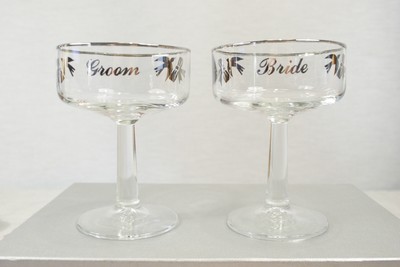 Vintage PAIR Traditional CUTLER Bride and Groom Champagne Glasses Platinum MINT!