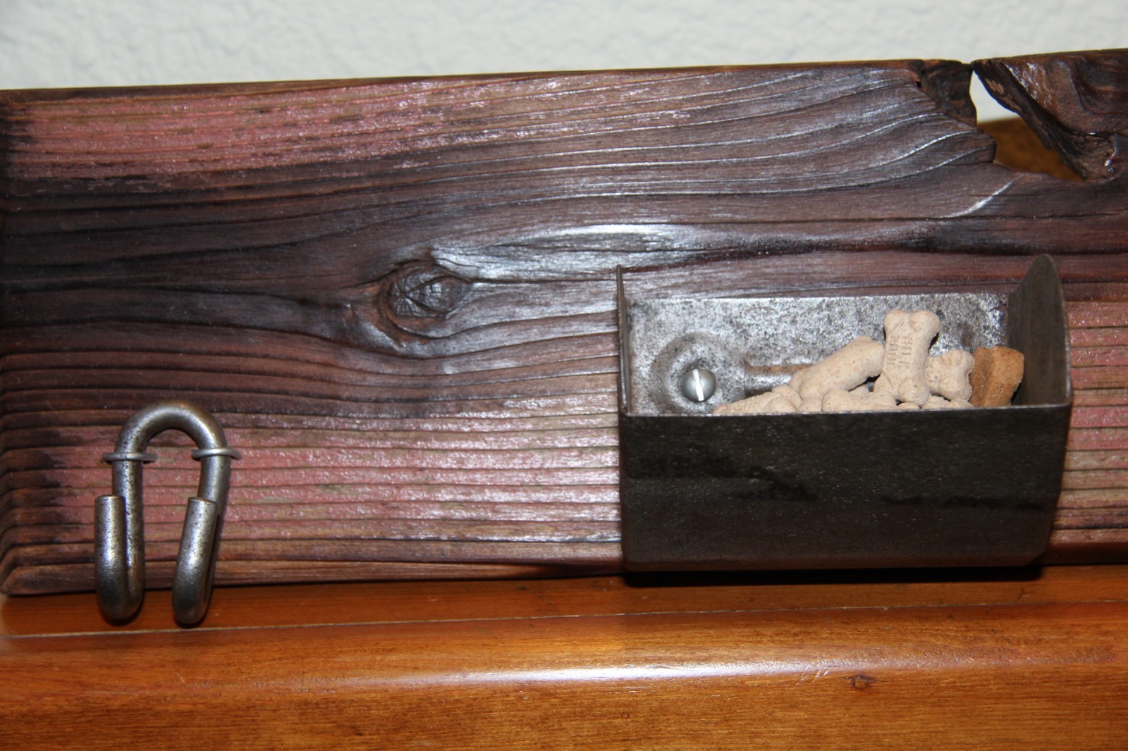 Dog Leash Hanger w/ Treat Holder, Recycled materials, Wall Hanging, Rustic Uniqu