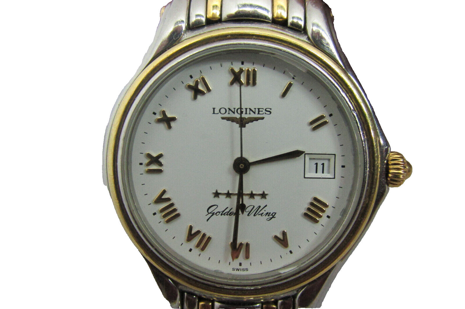 Longines Men's Golden Wing Date Two Tone 34 Mm White Roman