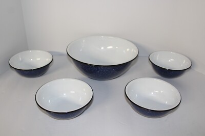 Vintage Enamelware Blue Speckle Set 4 Sm Bowls 1 Lg Bowl Camping