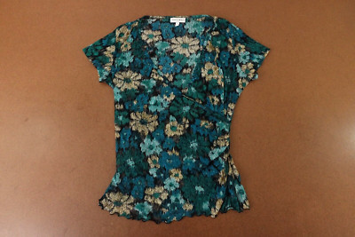 Fashion Bug Womens Size Small Blue Floral Sheer Short sleeve V Neck Pullover Top
