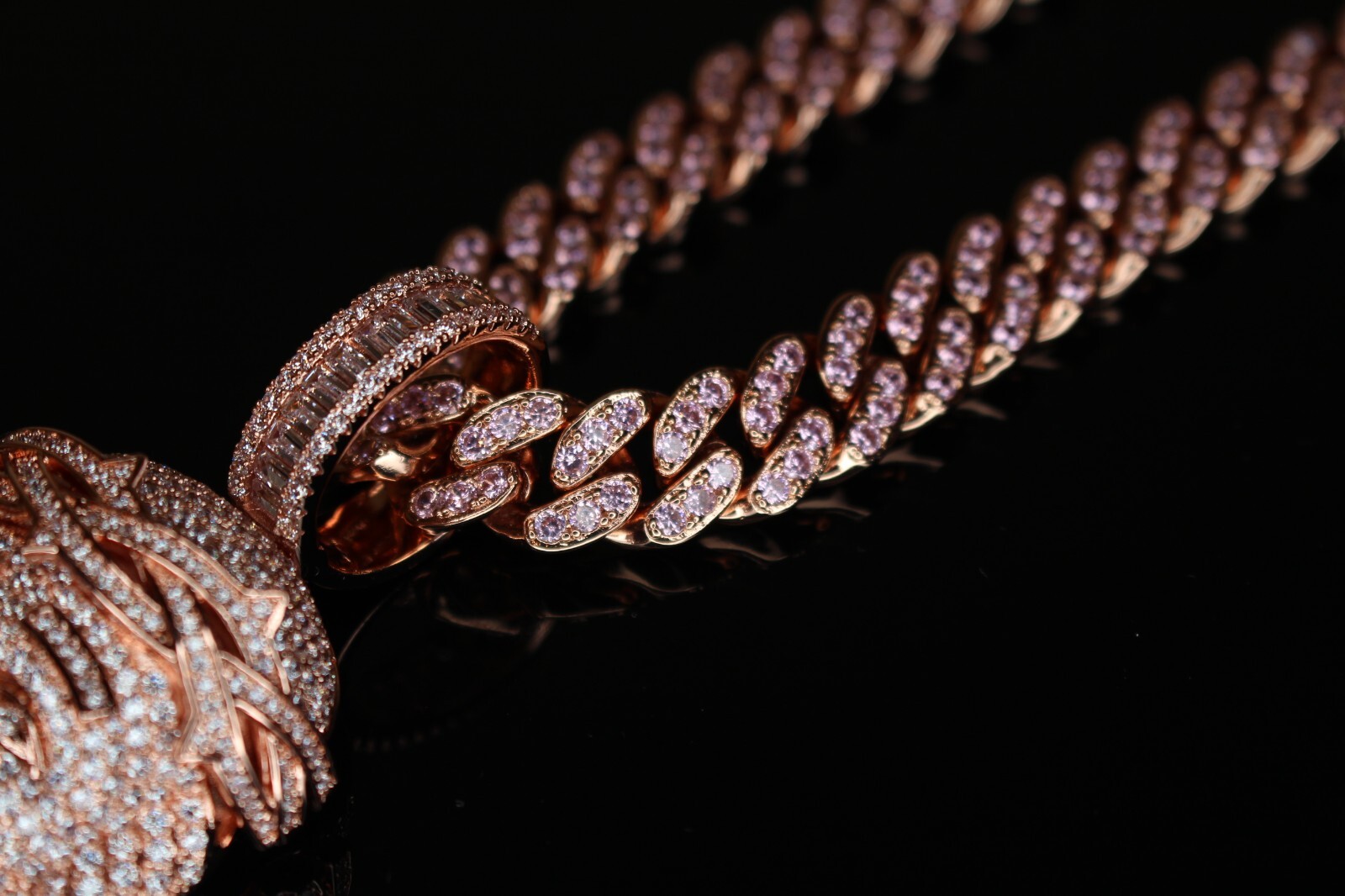 Pre-owned Line Rose Gold Xl Jesus Head Pendant W/ Cuban Miami Pink Vvs1 Diamond Chain In White/colorless