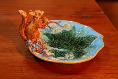GEORGE JONES MAJOLICA SQUIRREL DISH