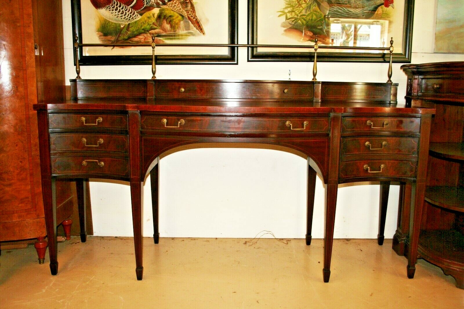 Baker Hepplewhite Sheraton Federal Style Flamed Mahogany Sideboard Brass Rail