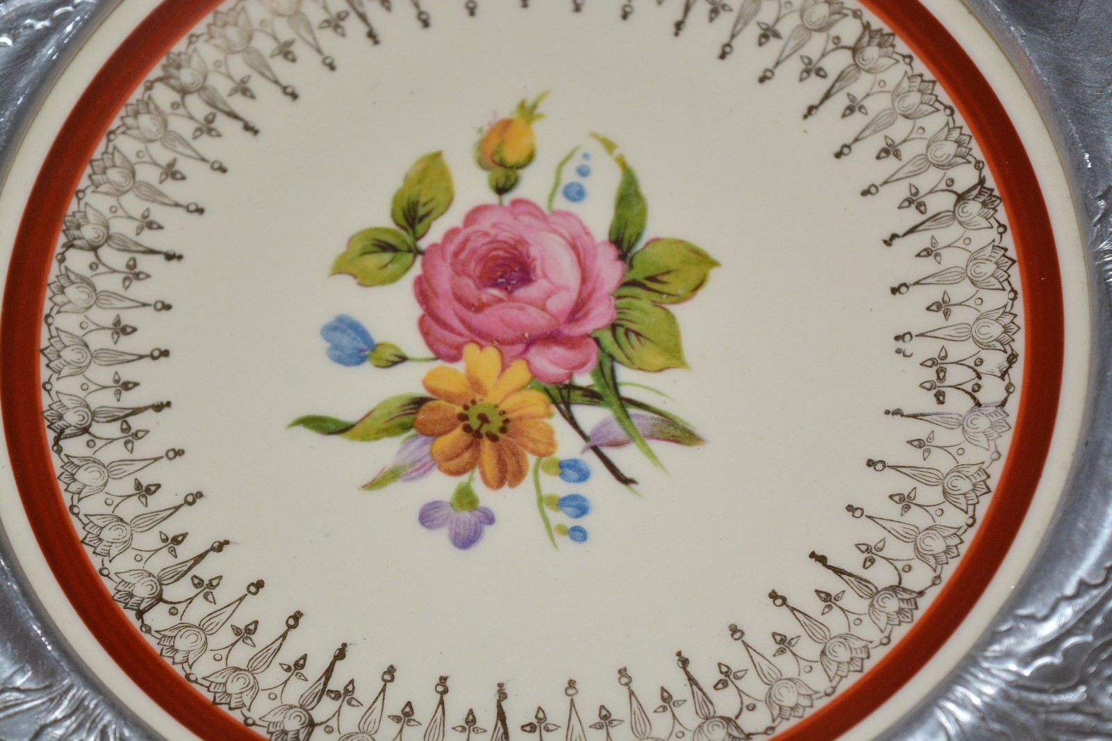VERY RARE ALUMINUM PADEN CITY POTTERY SERVING PLATE STUNNING ROSE PATTERN