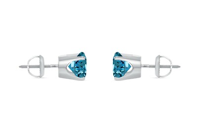 Pre-owned Shine Brite With A Diamond 3.50 Ct Round Cut Blue Earrings Crown Set Studs Solid 14k White Gold Screw Back