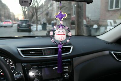 Maneki Neko Lucky Fortune Cat Fengshui Pendant Purpl Beading Ring Home Car Decor