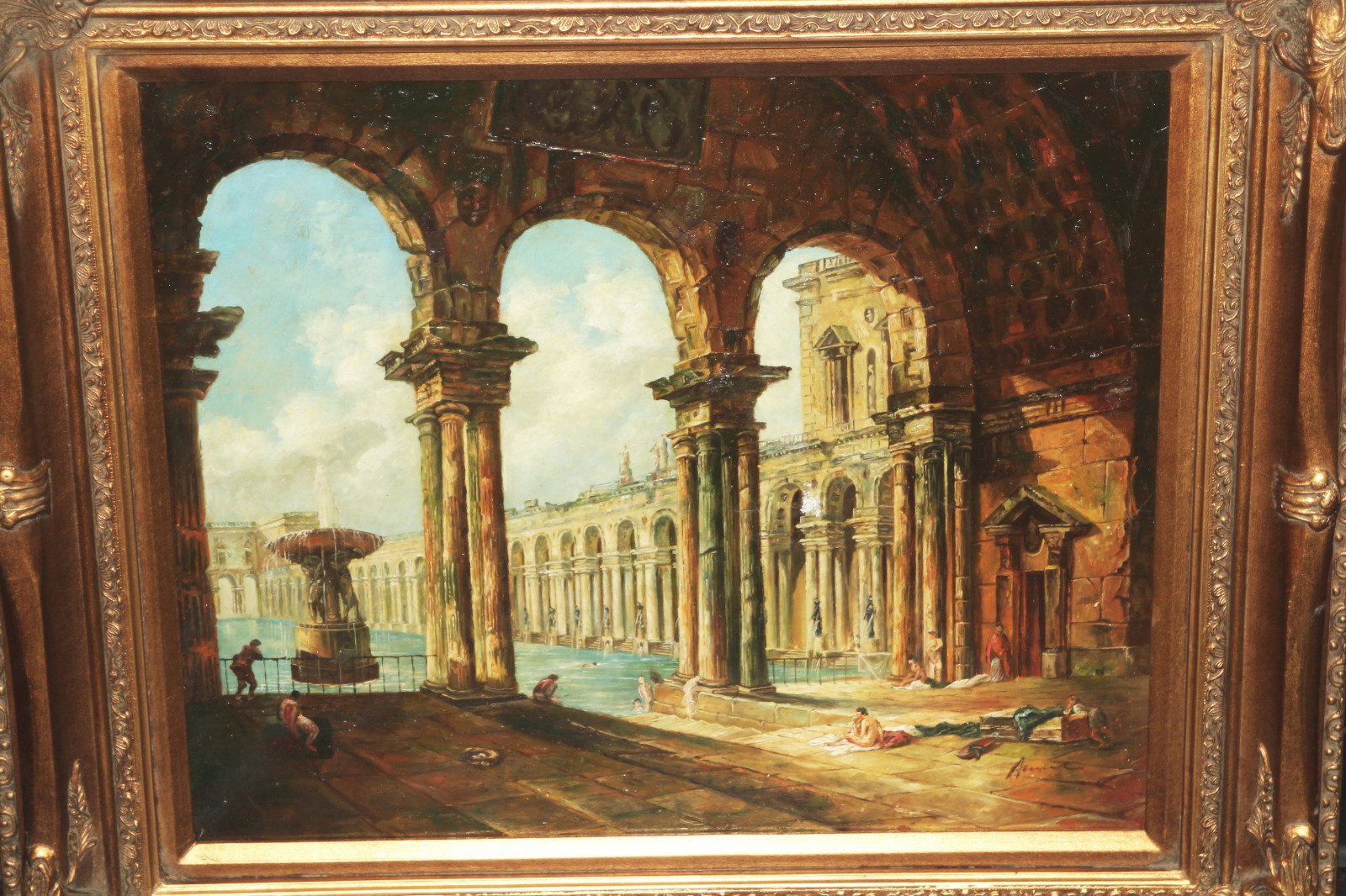 Vintage Oil Painting w/Gold Gilt Ornate Wood Picture Frame Large 33 x 29 Roman