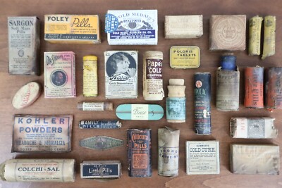 Large LOT of Antique Pharmacy Chemist Apothecary Labels, Bottles and Packages