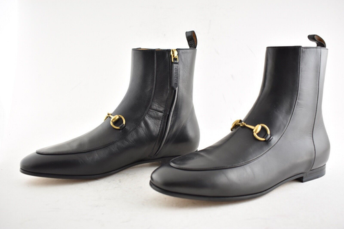 Pre-owned Gucci Jordaan Black Leather Horsebit Short Chelsea Ankle Bootie Boot 35