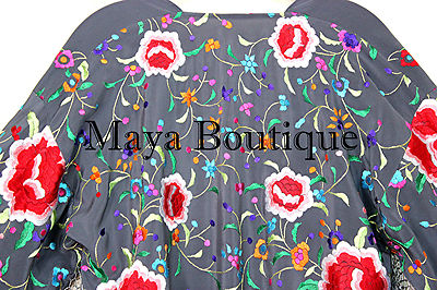 Pre-owned Maya Matazaro Embroidered Silk Fringe Jacket Flamenco Kimono Lilac Grey Short