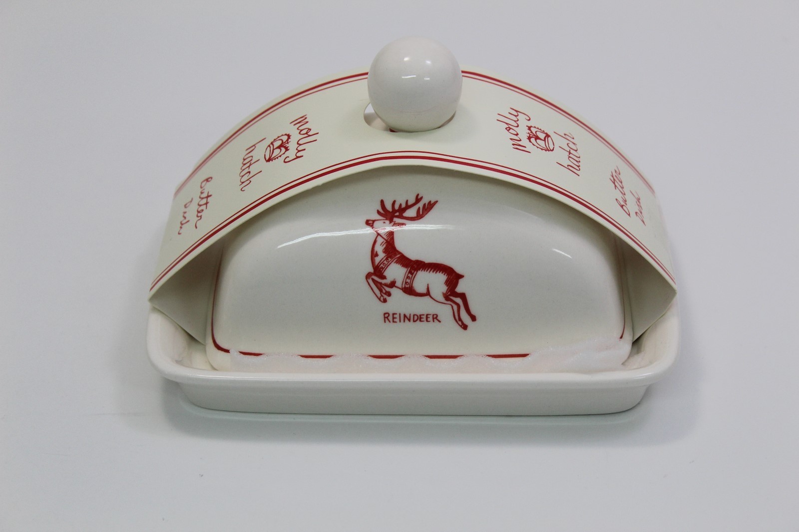 Butter Dish White Red Trim Reindeer by Molly Hatch Reindeer Holiday Decor #TO18