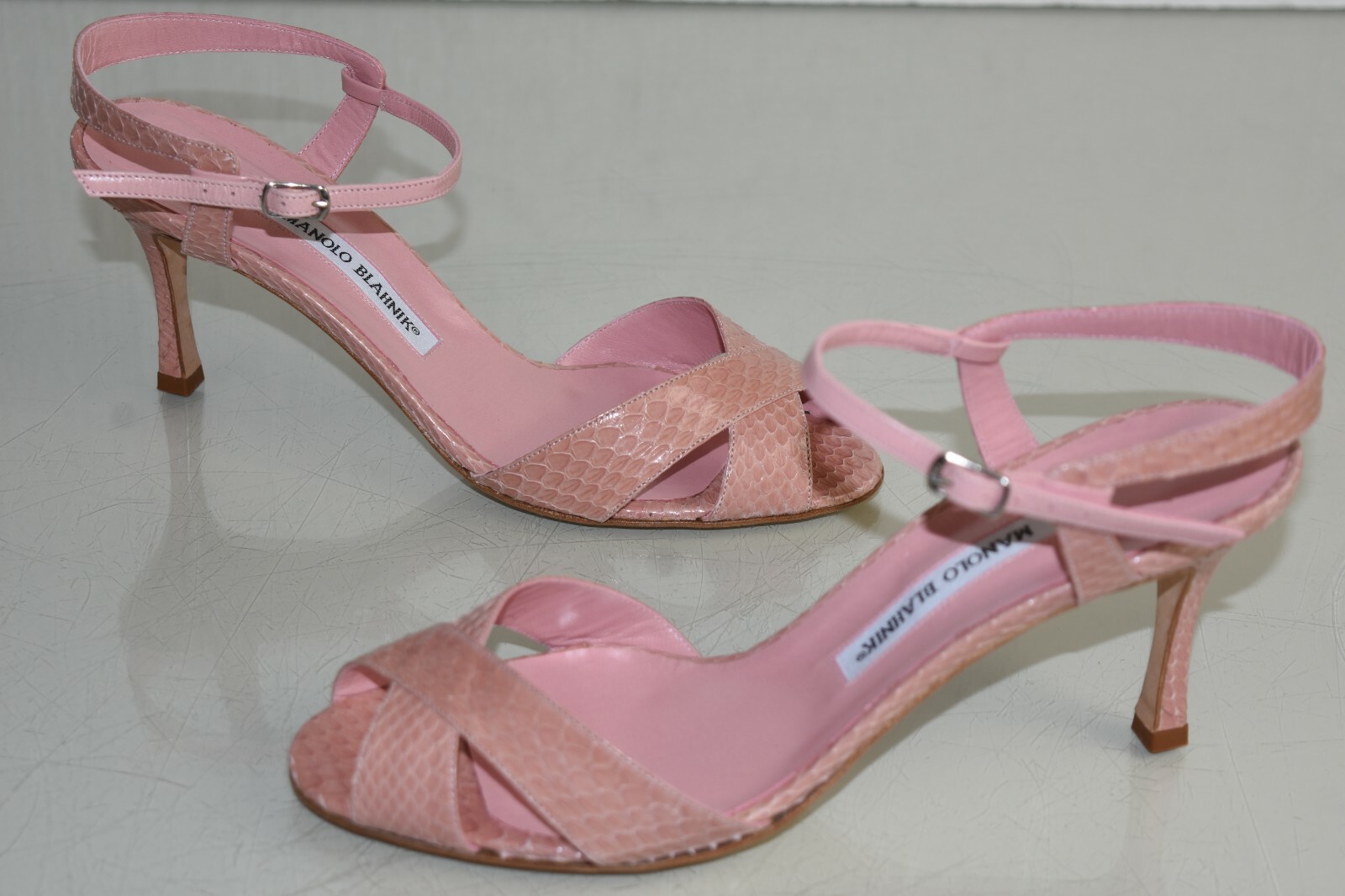 Pre-owned Manolo Blahnik $1345  Elmyrina Sandals Exotic Snake Pink Python Heel Shoes 40