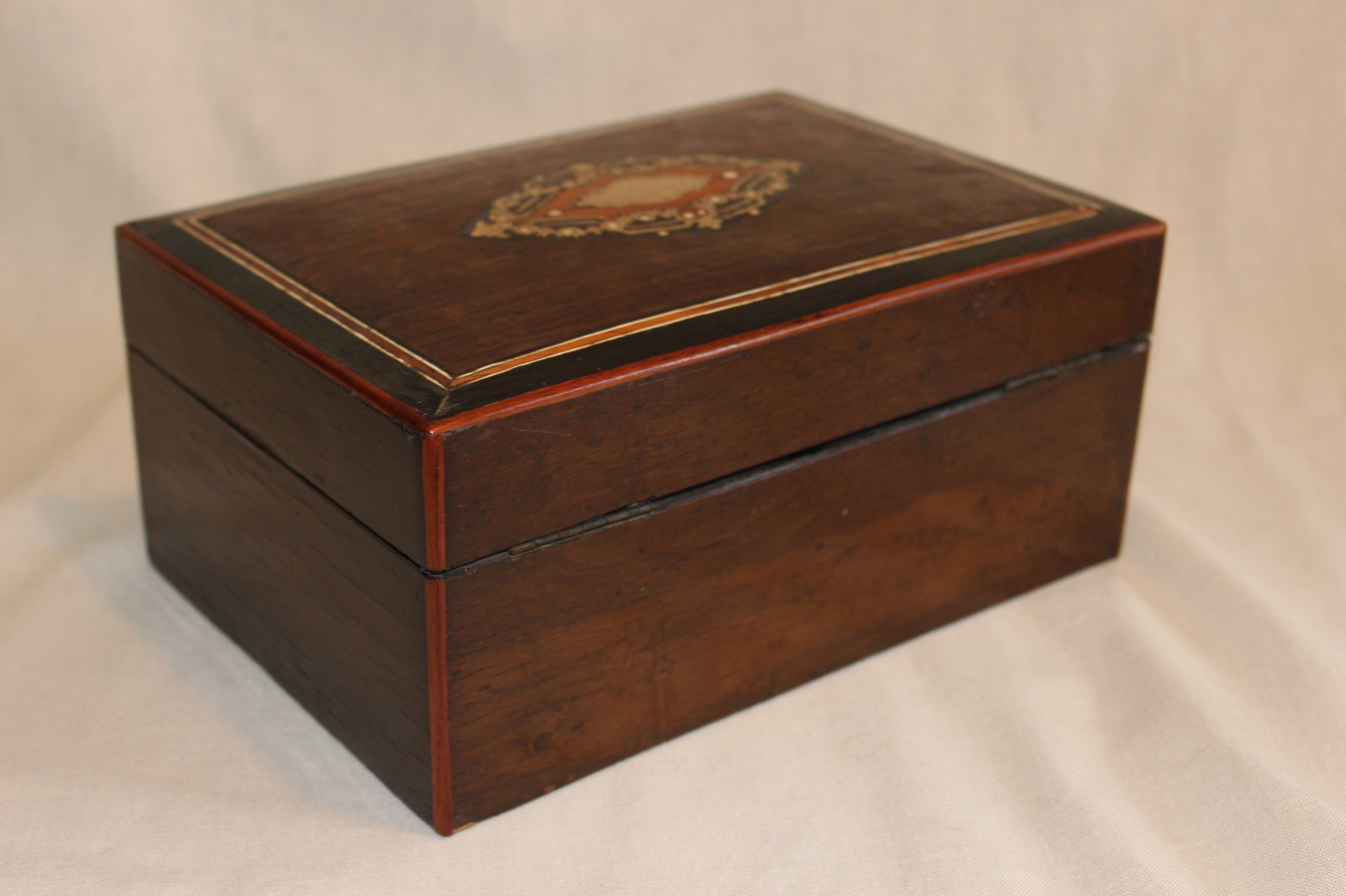 Antique French Napoleon III Marquetry Box with Brass Inlay
