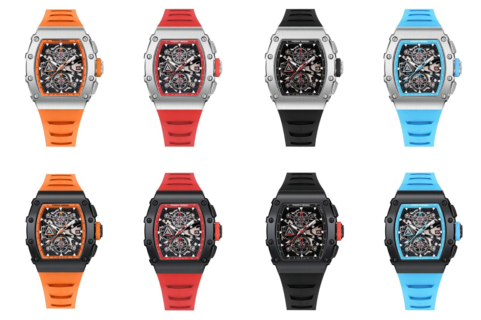 Pre-owned Pagani Chronograph Quartz Watch Stainless Steel Silicone Strap Luminous Hands Dial Gift In Silver / Orange