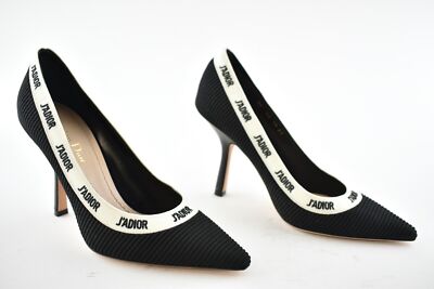 Pre-owned Dior J'a Ja Black White Ribbon Logo Embroidered Cotton Heel Pump 39