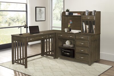 L-SHAPED BROWNISH GREY OFFICE COMPUTER WRITING DESK AND HUTC
