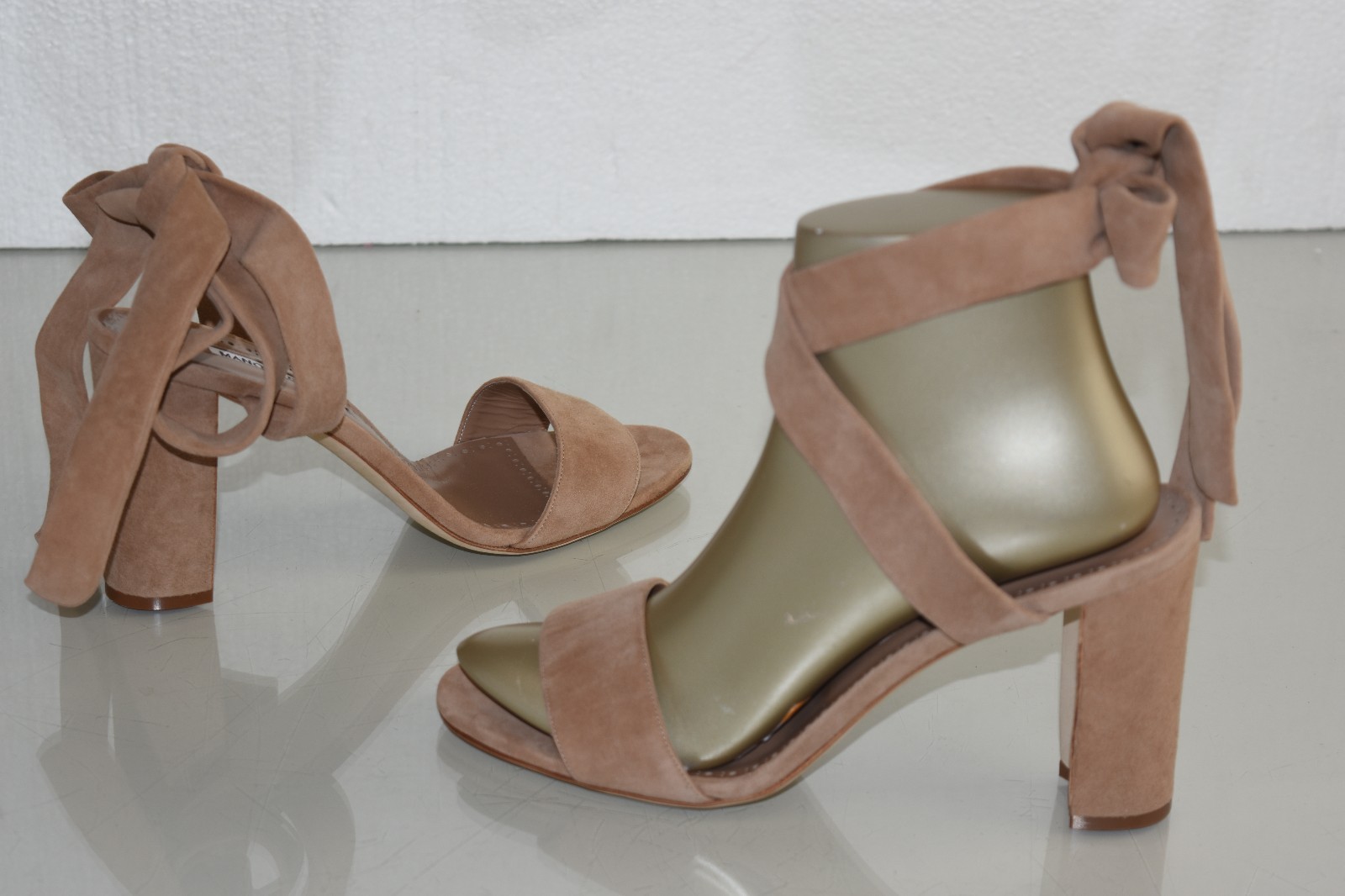 Pre-owned Manolo Blahnik $745  Tondalawrap 90 Sandals Suede Taupe Block Heel Shoes 40.5 In Beige