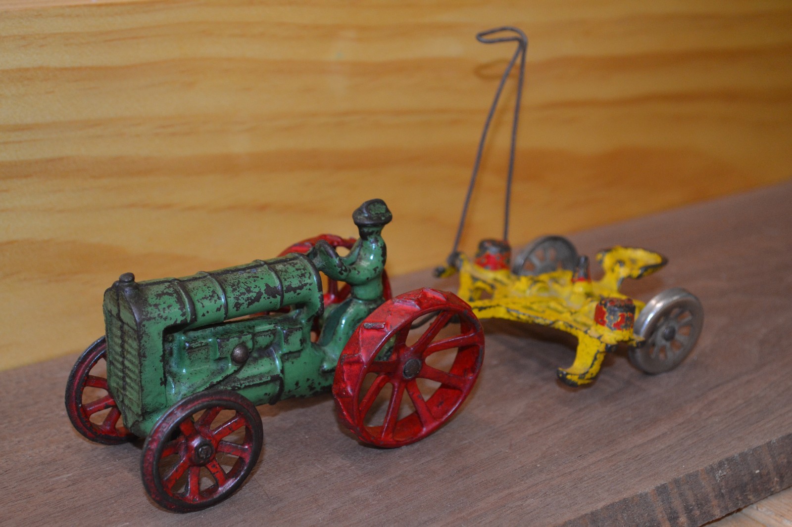 Vintage Arcade Cast Iron Red & Green Tractor With Arcade Yellow & Red Planter