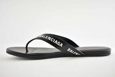 Pre-owned Balenciaga Black White Leather Logo Thong Slide Slip On Sandal Flip Flop Flat 37