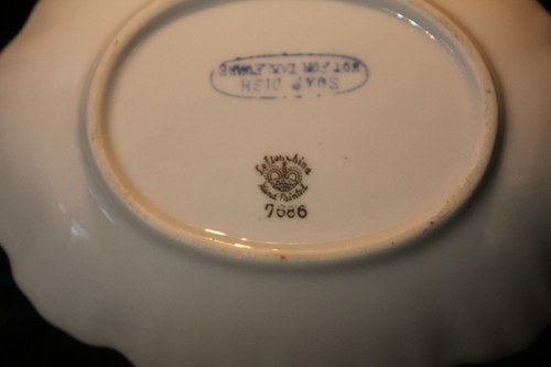 vintage Lefton China Soap Dish / Trinket Bowl = Green Floral pattern - #7686