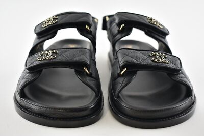 Pre-owned Chanel Rev Black Caviar Gold Cc Logo Mule Slide Strap Flat Teva Dad Sandal 39.5