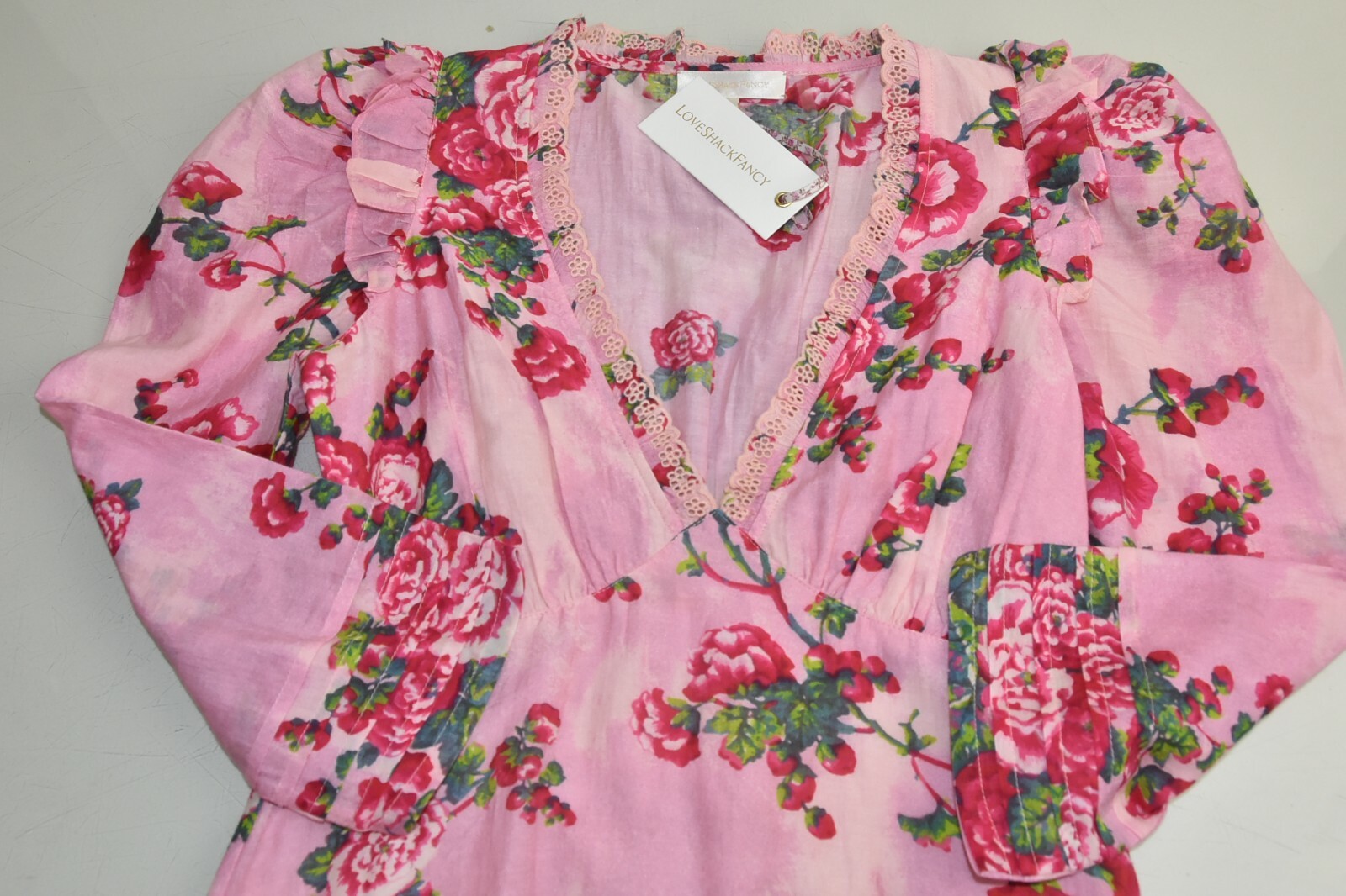 Pre-owned Loveshackfancy $575  Salima Dress Pink Desert Silk Floral Eyelet Embroidery 6 In Pink Green