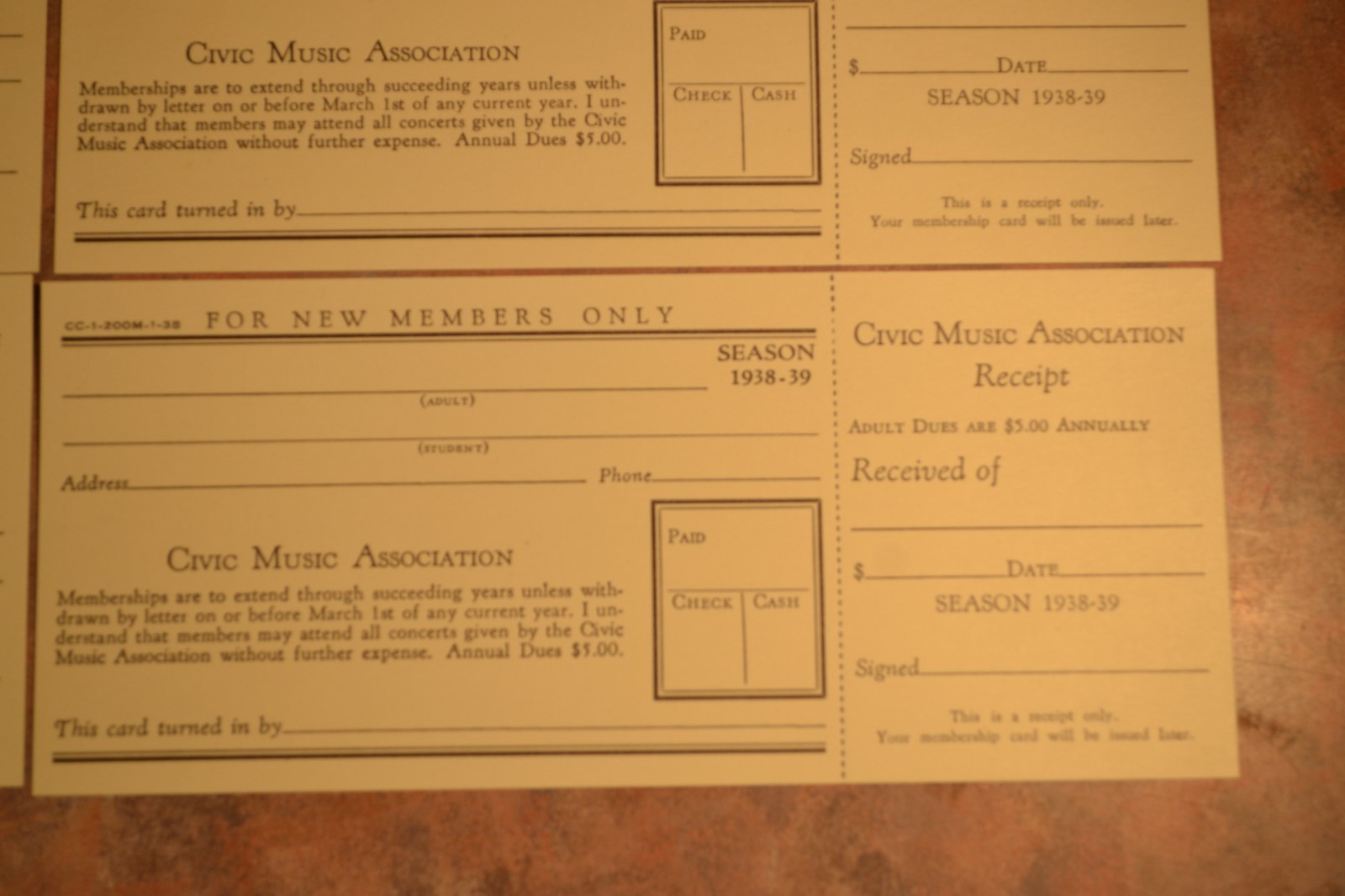 4 New Member Forms, Civic Music Association Receipts 1938-39 Season Unfilled