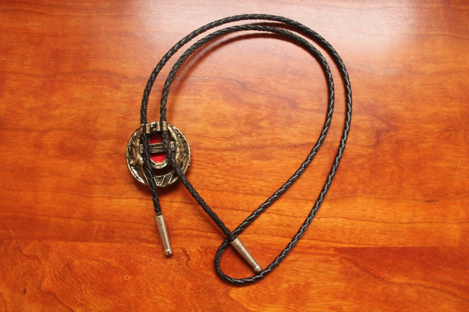 Men’s Bolo Neck Tie Gold Tone with Pretty Red Stone Black Leather Rope