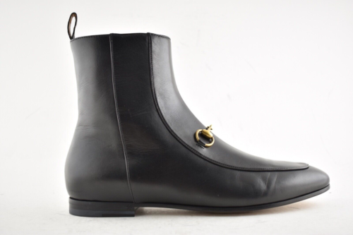 Pre-owned Gucci Jordaan Black Leather Horsebit Short Chelsea Ankle Bootie Boot 35